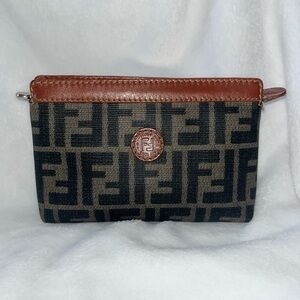 Fendi Brown and Black Wallet/Pouch with Geometric Pattern and Leather Trim